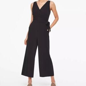 LOFT Black Wide Leg Sleeveless Cropped‎ V Neck Jumpsuit With Tie Waist Size XS